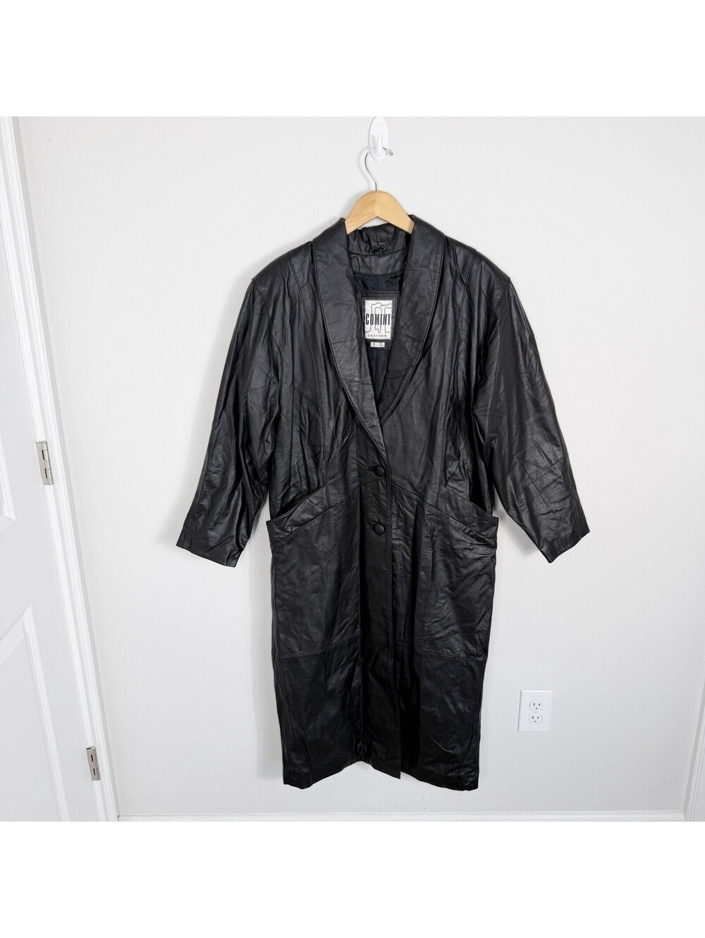 Vtg Comint Leather Black Trench Coat Western Duster Mens Large